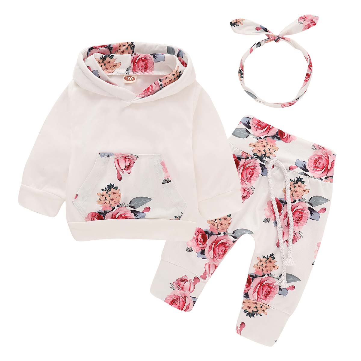 Beautiful Floral Long-sleeve Hoodie, Pants and Headband Set, zoerea.com