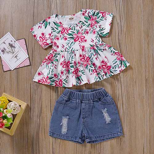 Sweet Floral Top And Denim Shorts Set, zoerea.com