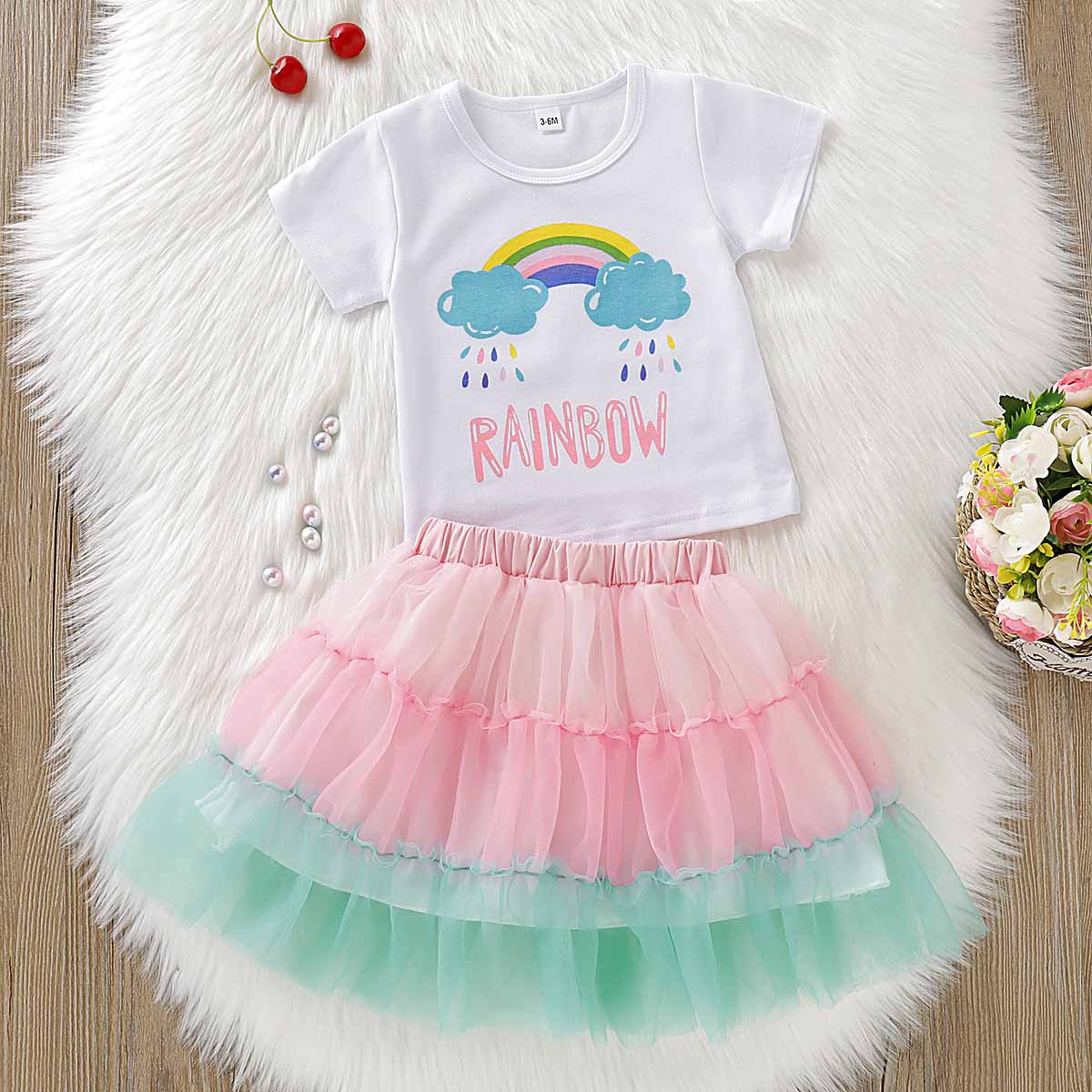 Cute Rainbow Print Tee And Tulle Skirt Set, zoerea.com