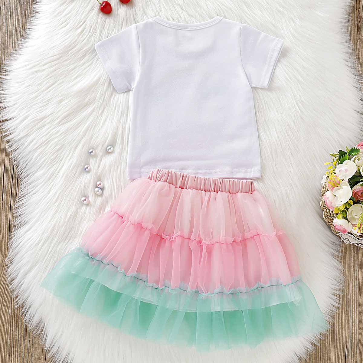 Cute Rainbow Print Tee And Tulle Skirt Set, zoerea.com