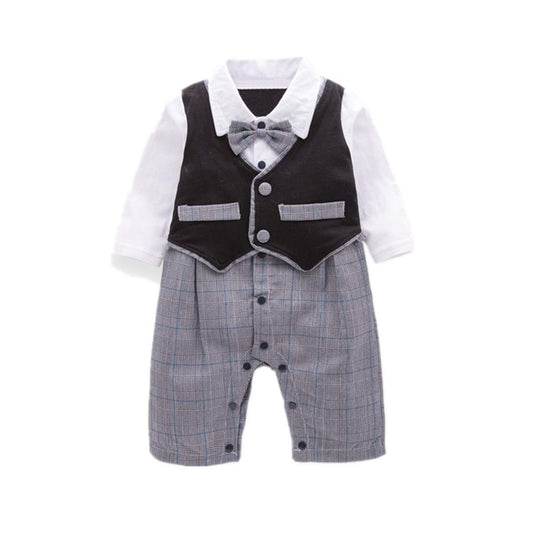 Baby Boy Gentleman Plaid Bow Tie Jumpsuit, zoerea.com