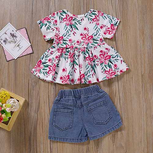 Sweet Floral Top And Denim Shorts Set, zoerea.com