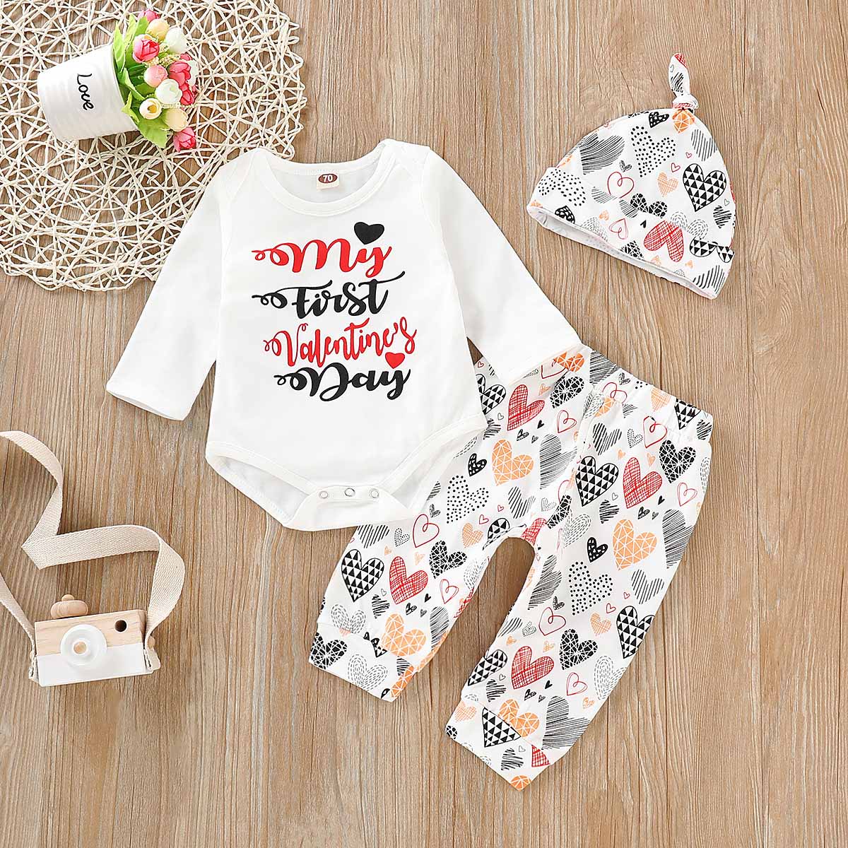 "My First Valetine's Day" Bodysuit And Heart Print Pants Set, zoerea.com