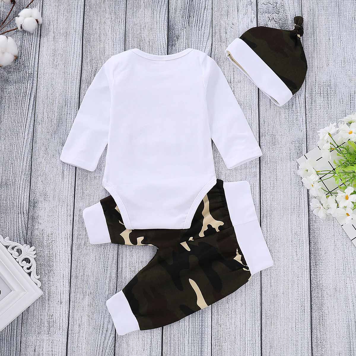 3-piece "Little Man" Print Bodysuit, Camou Pants And Hat Set, zoerea.com