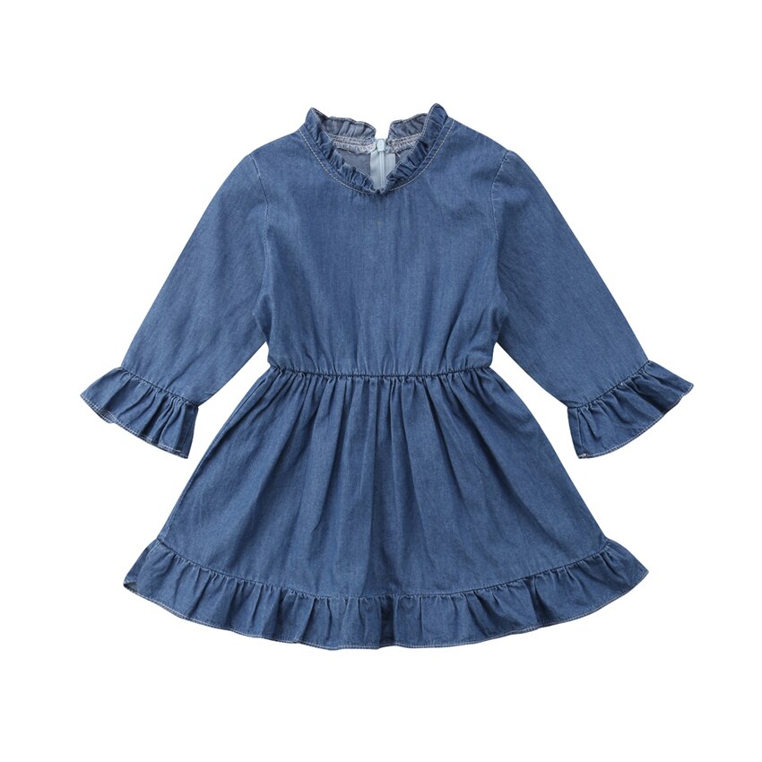 Hot Toddler Baby Kid Girl Ruffled Long Sleeve Denim Party Dress, zoerea.com