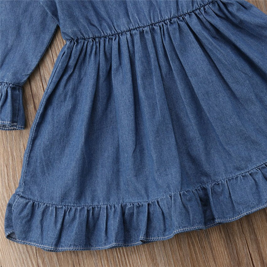 Hot Toddler Baby Kid Girl Ruffled Long Sleeve Denim Party Dress, zoerea.com