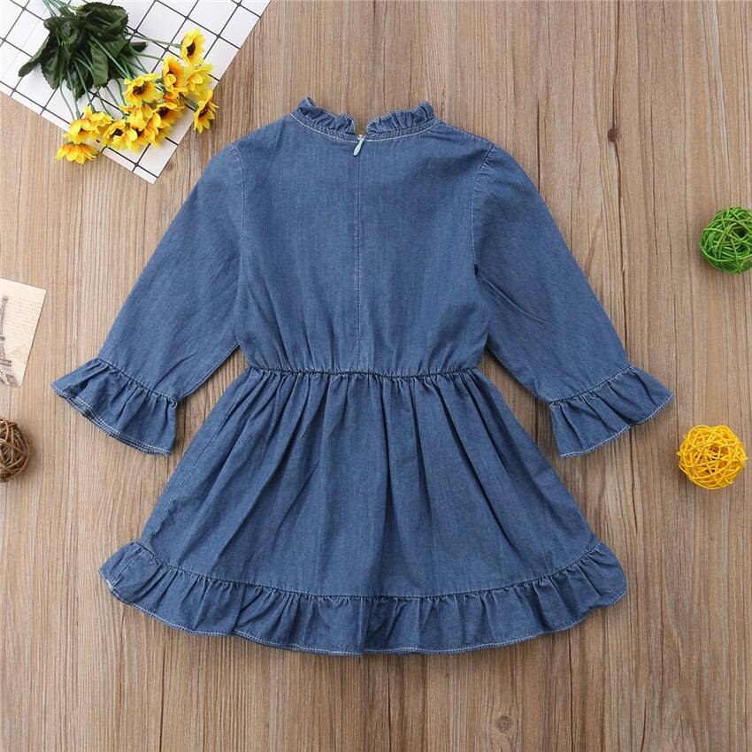 Hot Toddler Baby Kid Girl Ruffled Long Sleeve Denim Party Dress, zoerea.com