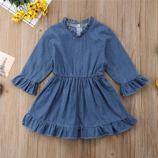 Hot Toddler Baby Kid Girl Ruffled Long Sleeve Denim Party Dress, zoerea.com