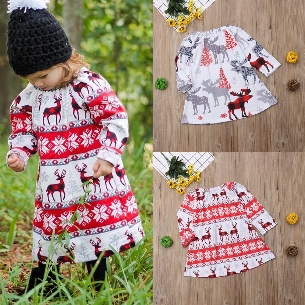 Xmas Kids Baby Girl Long Sleeve Dress Pageant Tutu Christmas Deer Dress, zoerea.com