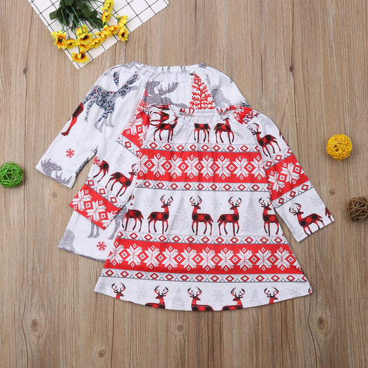 Xmas Kids Baby Girl Long Sleeve Dress Pageant Tutu Christmas Deer Dress, zoerea.com