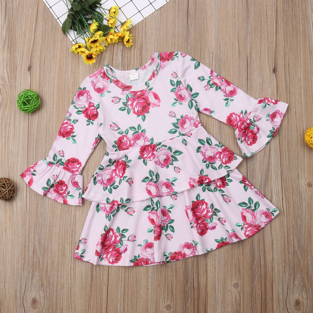 Toddler Kids Baby Girl Flower Layered Long Sleeve Princess Party Dress, zoerea.com