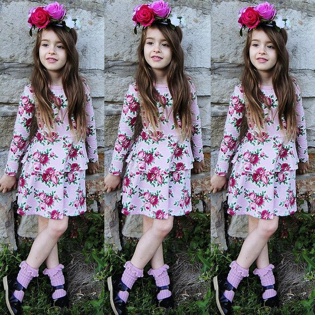 Toddler Kids Baby Girl Flower Layered Long Sleeve Princess Party Dress, zoerea.com