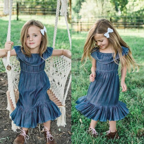 Spring Summer Kids Baby Girls Princess Dress Toddler Denim Off Sundress, zoerea.com