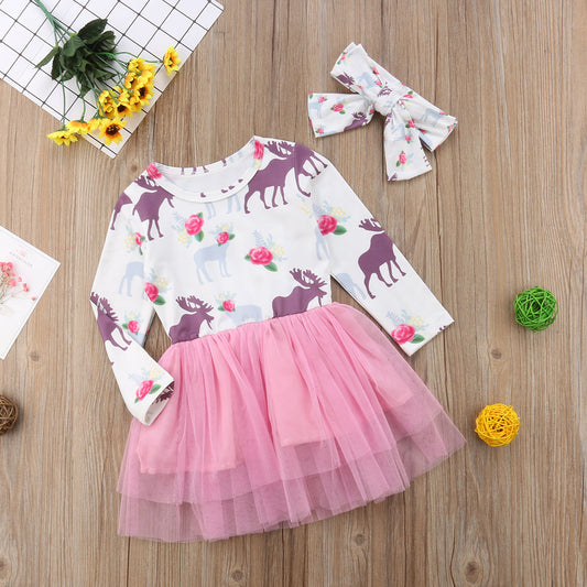 XMAS Toddler Kids Baby Girl Party Deer Long Sleeve Tutu Tulle Dress, zoerea.com