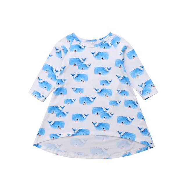 Newborn Kids Baby Girls Whale Print Cotton Long Sleeve Casual Dress, zoerea.com