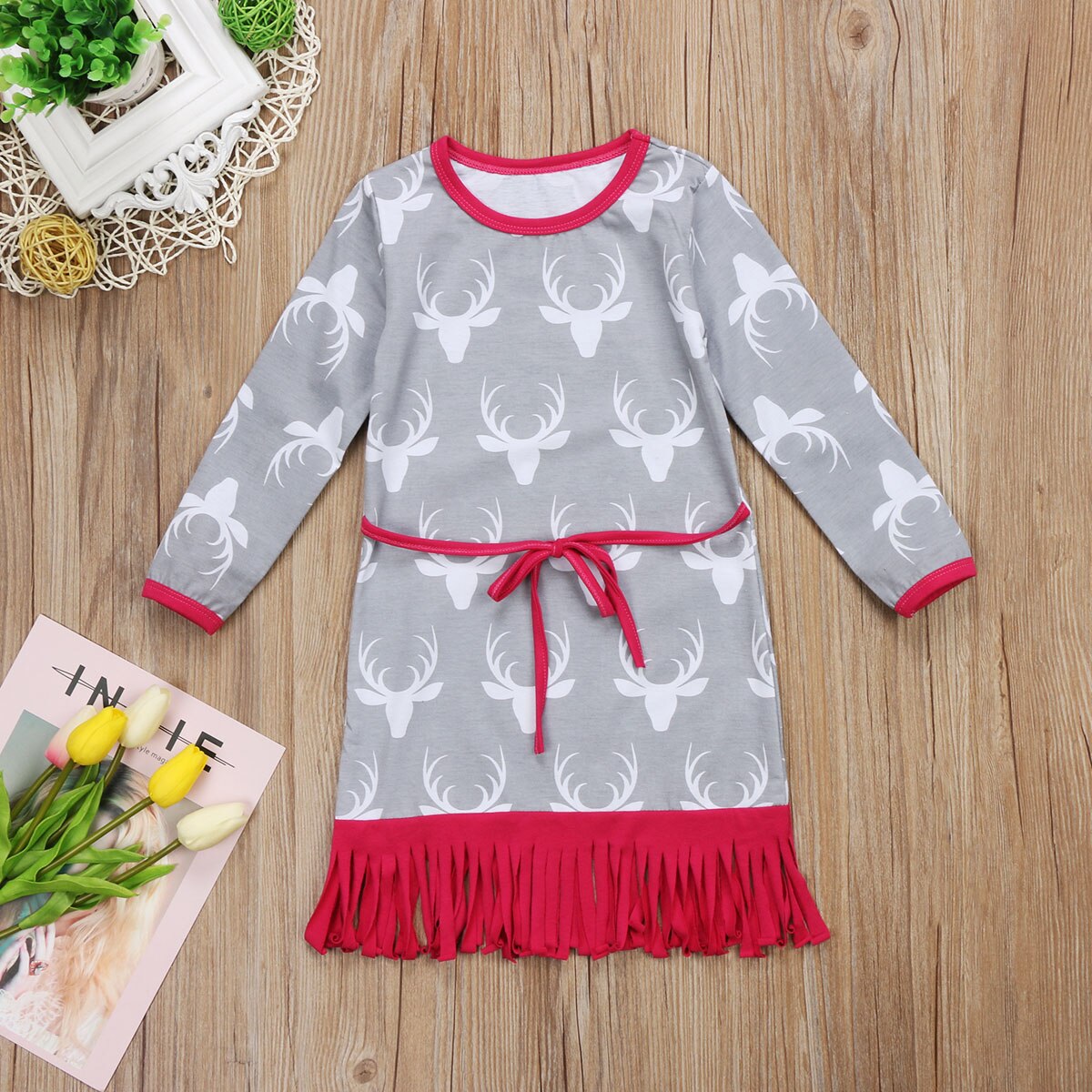 New Fashion Kids Girls Long Sleeve Print Belted Skater Party Dress, zoerea.com