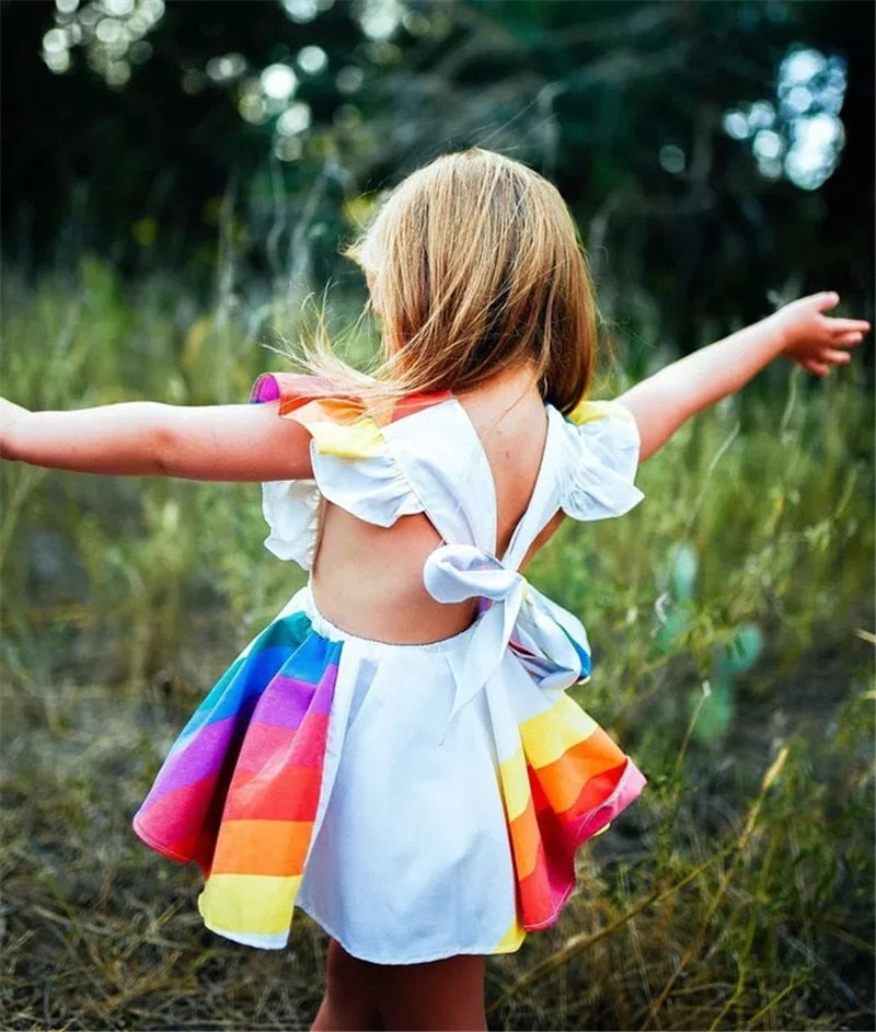 Kids Baby Girl Romper Rainbow Striped Ruffle Sleeve Party Dress, zoerea.com