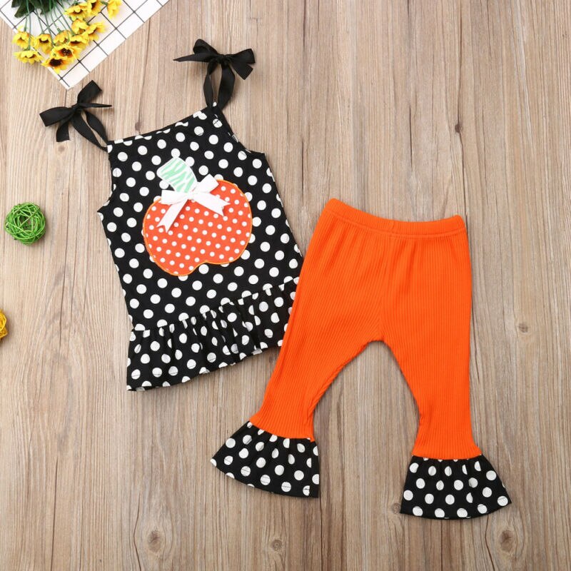 Newborn Baby Girl Summer Clothing Halloween Sleeveless Top Pumpkin Set, zoerea.com