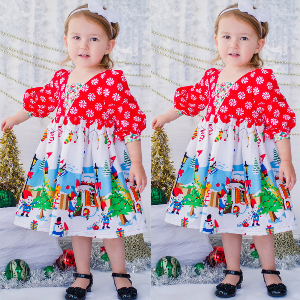 Toddler Infant Baby Girls Floral Christmas Santa snowman Long Dresses, zoerea.com