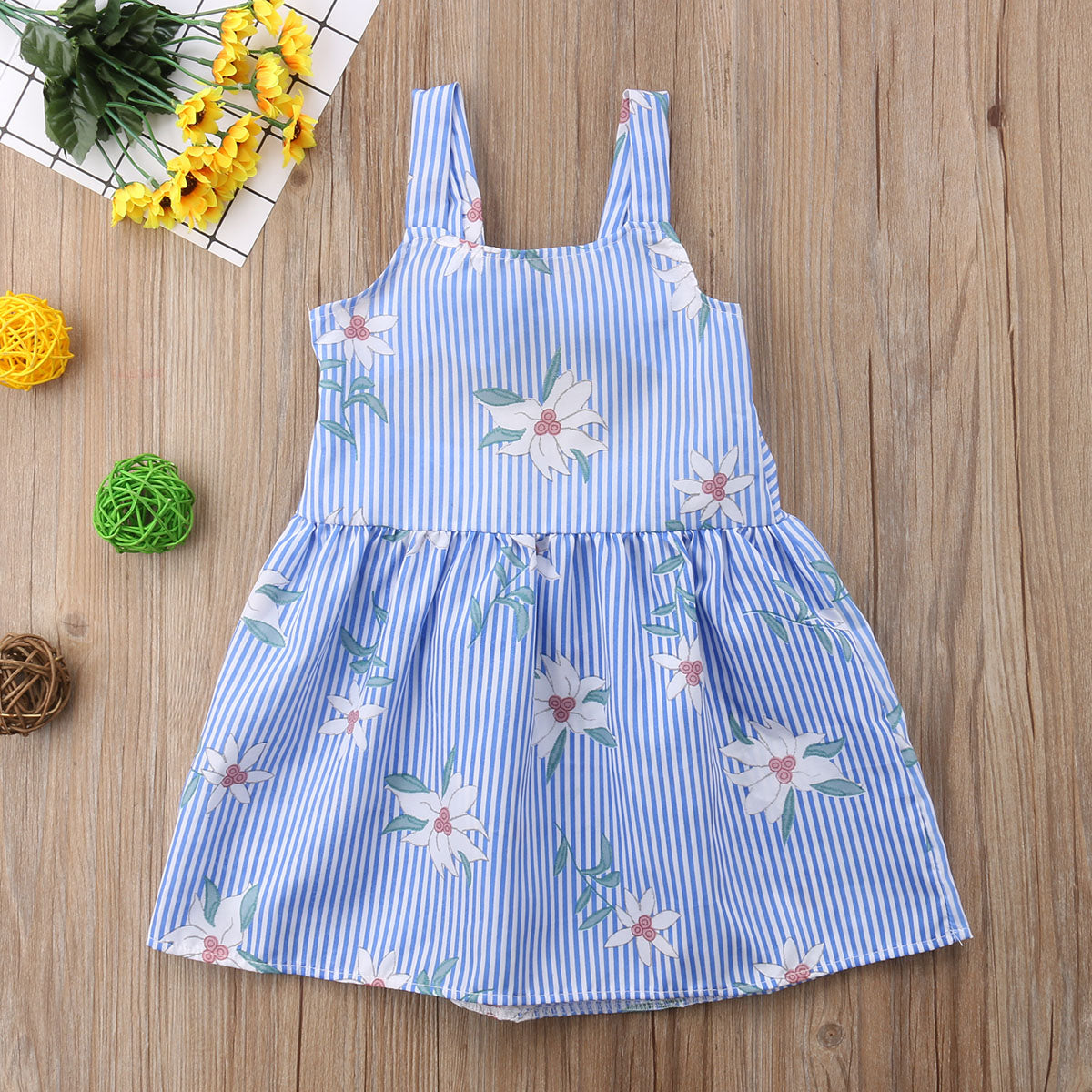 Toddler Kid Baby Girl Striped Flower Summer Outfits Backless Dress, zoerea.com