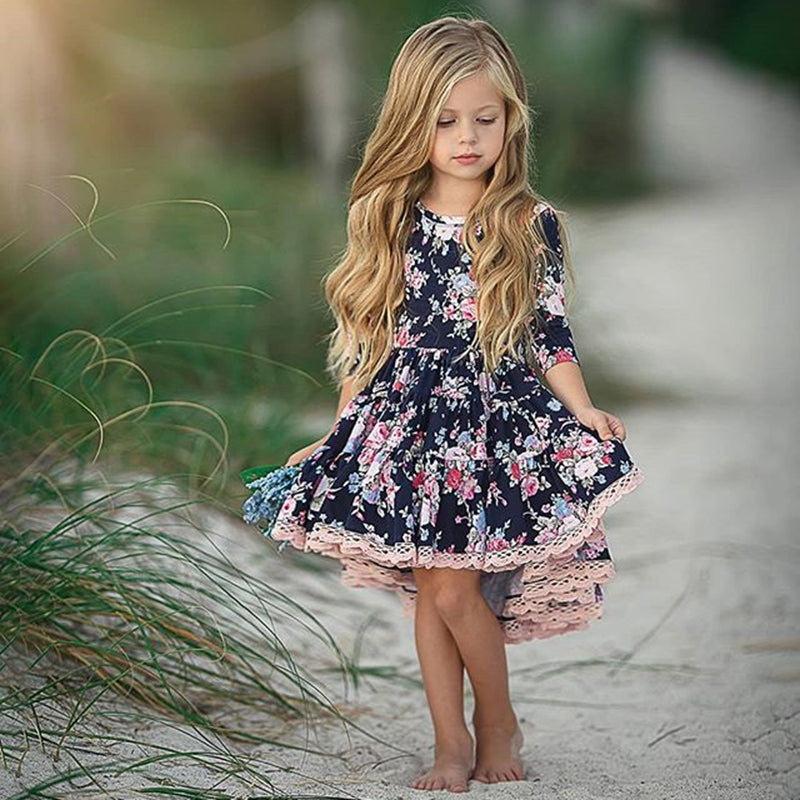 Princess Kids Baby Girl Casual Dress Lace Floral Party Solid  Dresses, zoerea.com