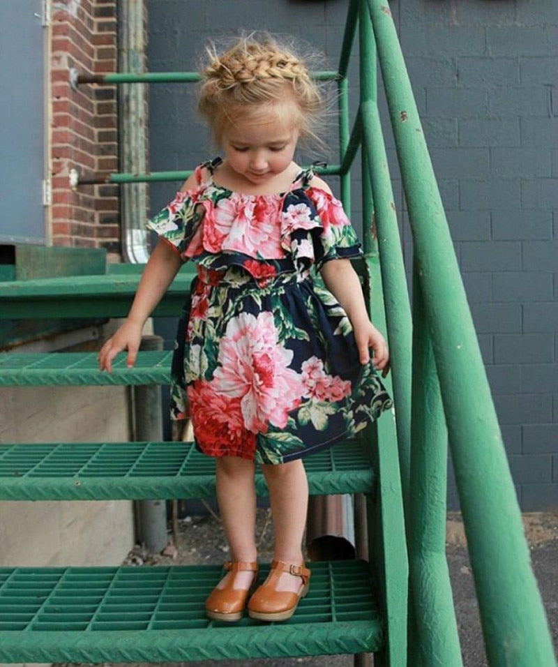 Baby Girls Off-shoulder Skater Dress Kids Floral Summer Party Dresses, zoerea.com