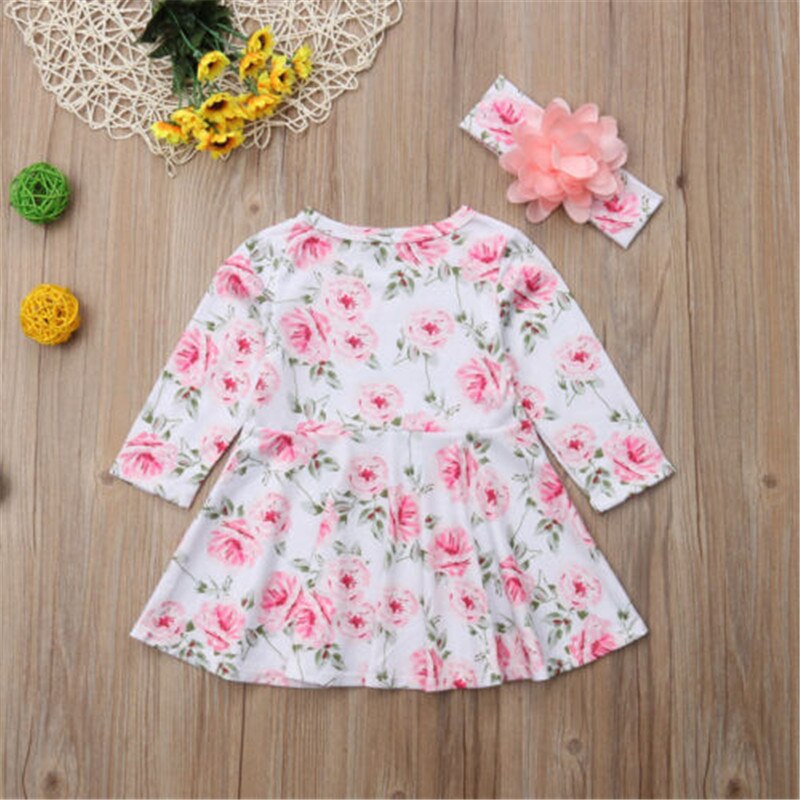 Toddler Kids Baby Girl Party Floral Long Sleeve Outfit Headband Dress, zoerea.com