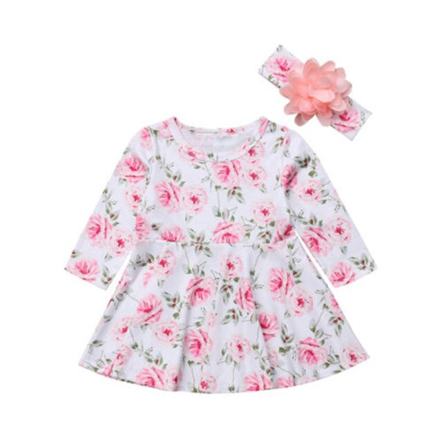 Toddler Kids Baby Girl Party Floral Long Sleeve Outfit Headband Dress, zoerea.com