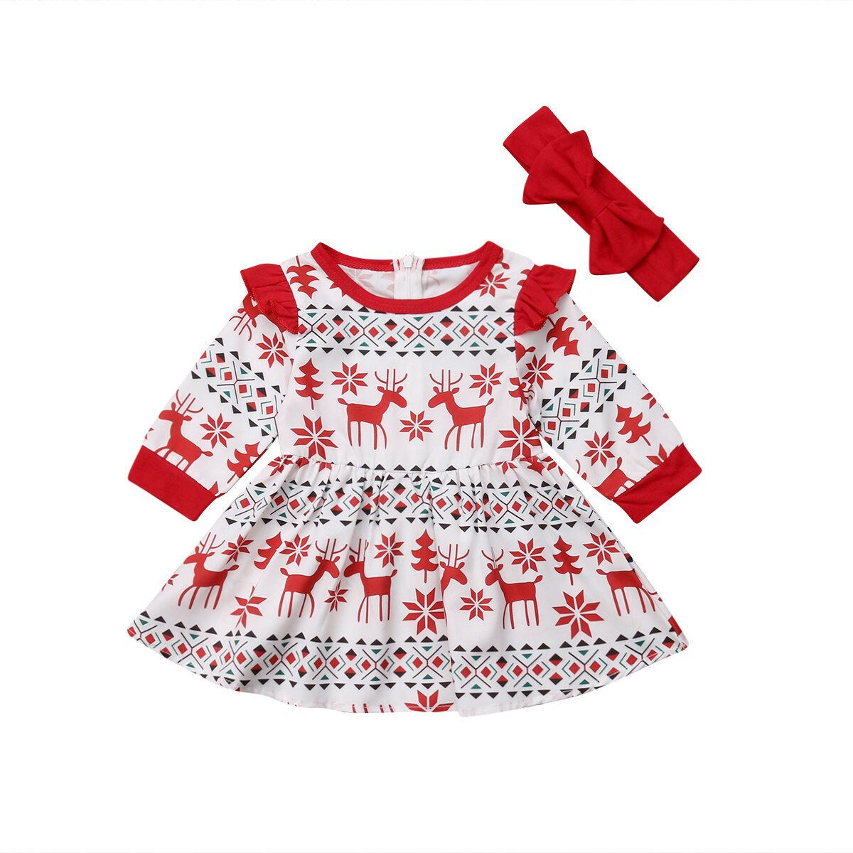 Baby Girl Christmas Cartoon Deer Fly Sleeve Party Dress Headband, zoerea.com