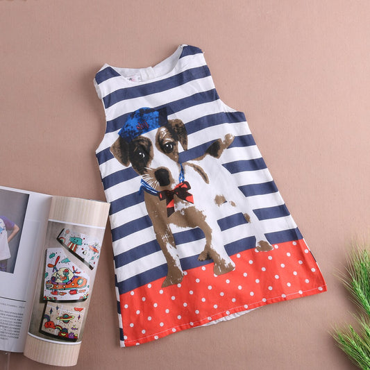 Little Kids Baby Girls Dog Summer Sleeveless Striped One-piece Dress, zoerea.com