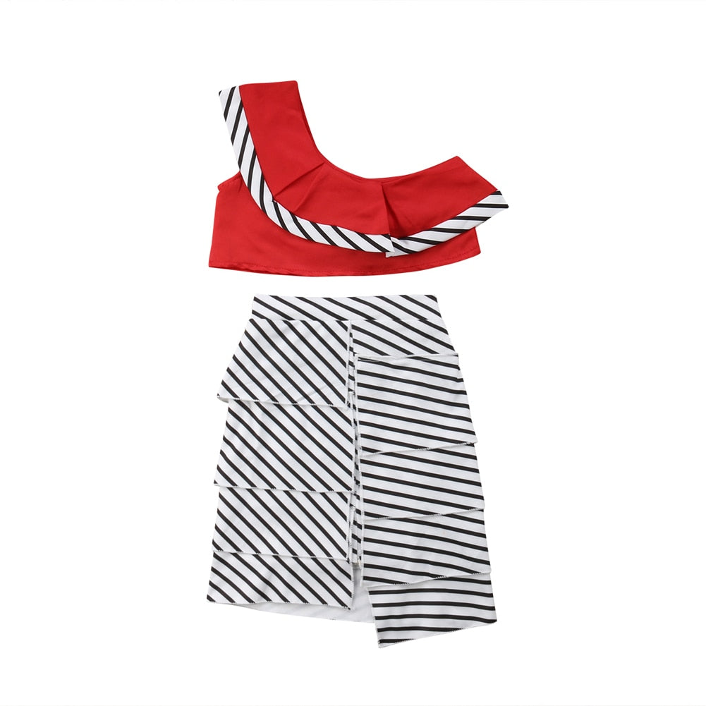 Toddler Kids Baby Girls Off Shoulder Tops+Stripe Dress Outfits, zoerea.com