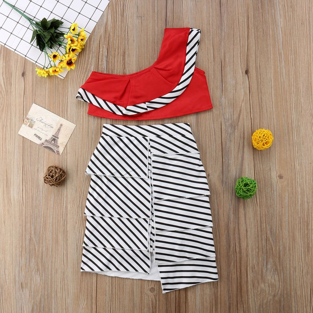 Toddler Kids Baby Girls Off Shoulder Tops+Stripe Dress Outfits, zoerea.com