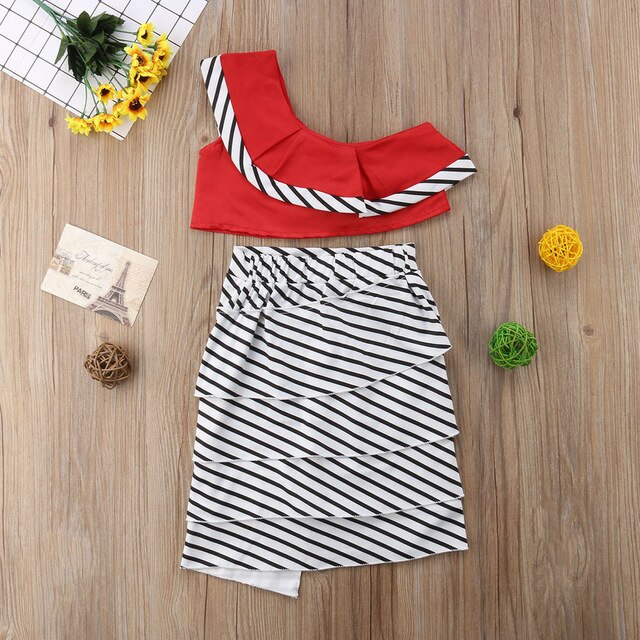 Toddler Kids Baby Girls Off Shoulder Tops+Stripe Dress Outfits, zoerea.com