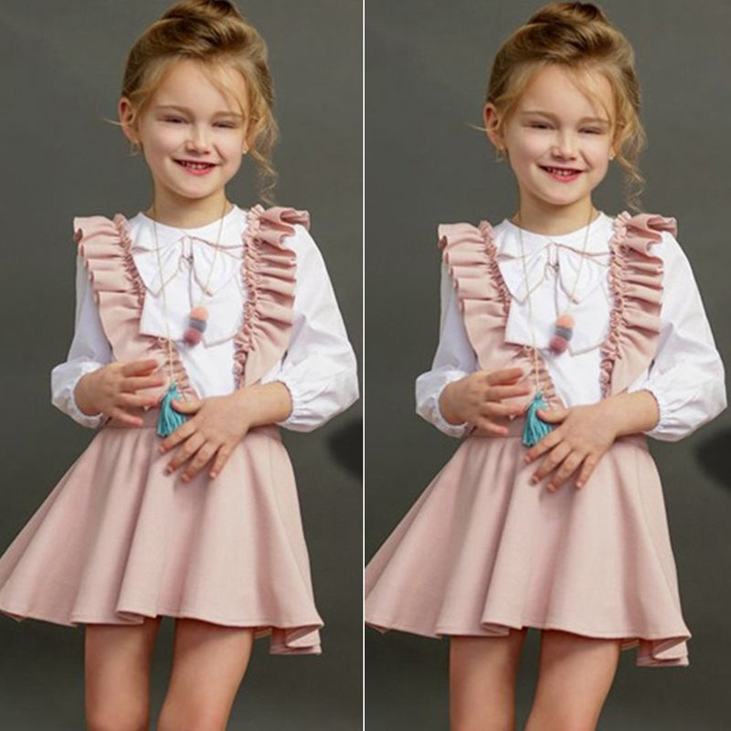 Toddler Kids Baby Girl Bowknot Tops Blouse Suspender  Dress Outfits, zoerea.com