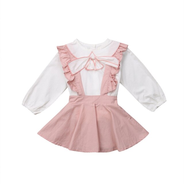 Toddler Kids Baby Girl Bowknot Tops Blouse Suspender  Dress Outfits, zoerea.com