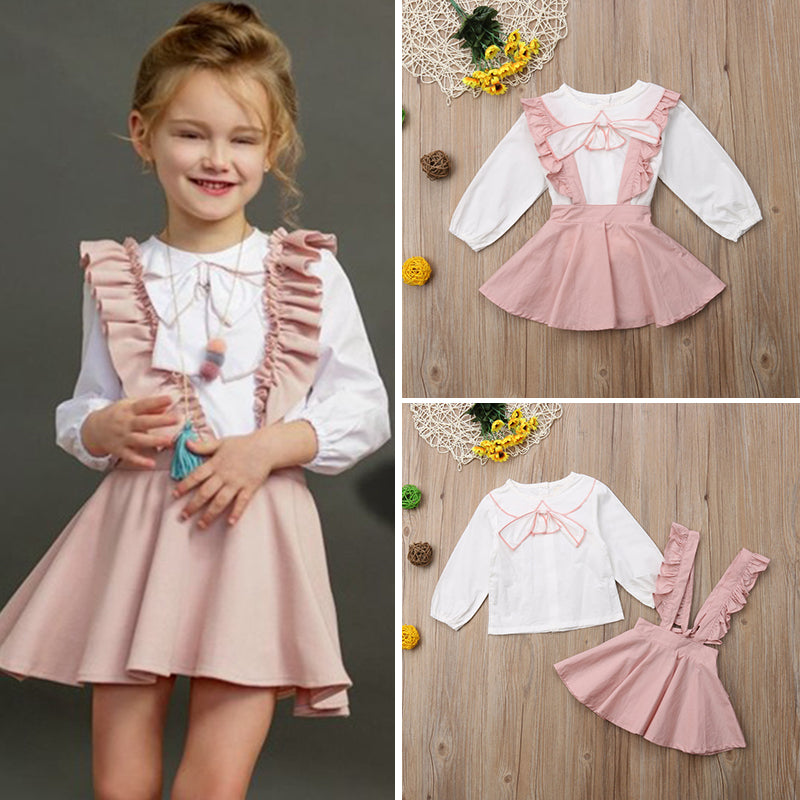 Toddler Kids Baby Girl Bowknot Tops Blouse Suspender  Dress Outfits, zoerea.com