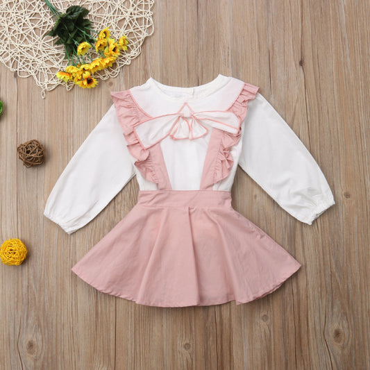 Toddler Kids Baby Girl Bowknot Tops Blouse Suspender  Dress Outfits, zoerea.com