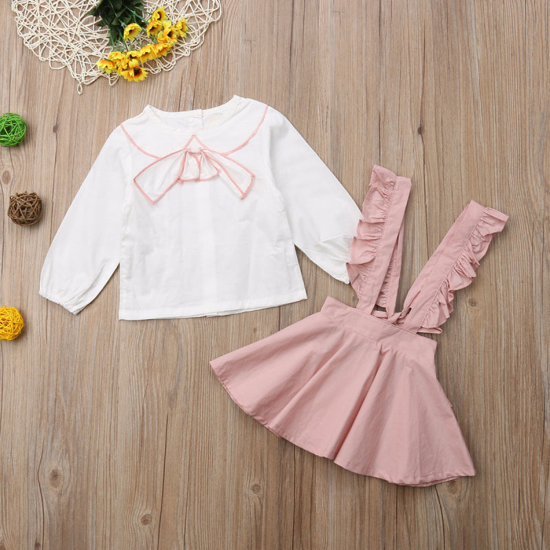 Toddler Kids Baby Girl Bowknot Tops Blouse Suspender  Dress Outfits, zoerea.com